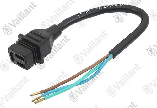 Vaillant Kabel mit zwei offenen Kabelenden, die in drei verschiedenen Farben (braun, blau, grün) isoliert sind und an einem rechteckigen Stecker befestigt sind.